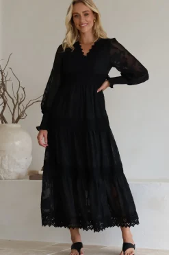 Rouge Maxi Dress - Lace Overlay Tiered Dress in Black>Salty Crush Discount