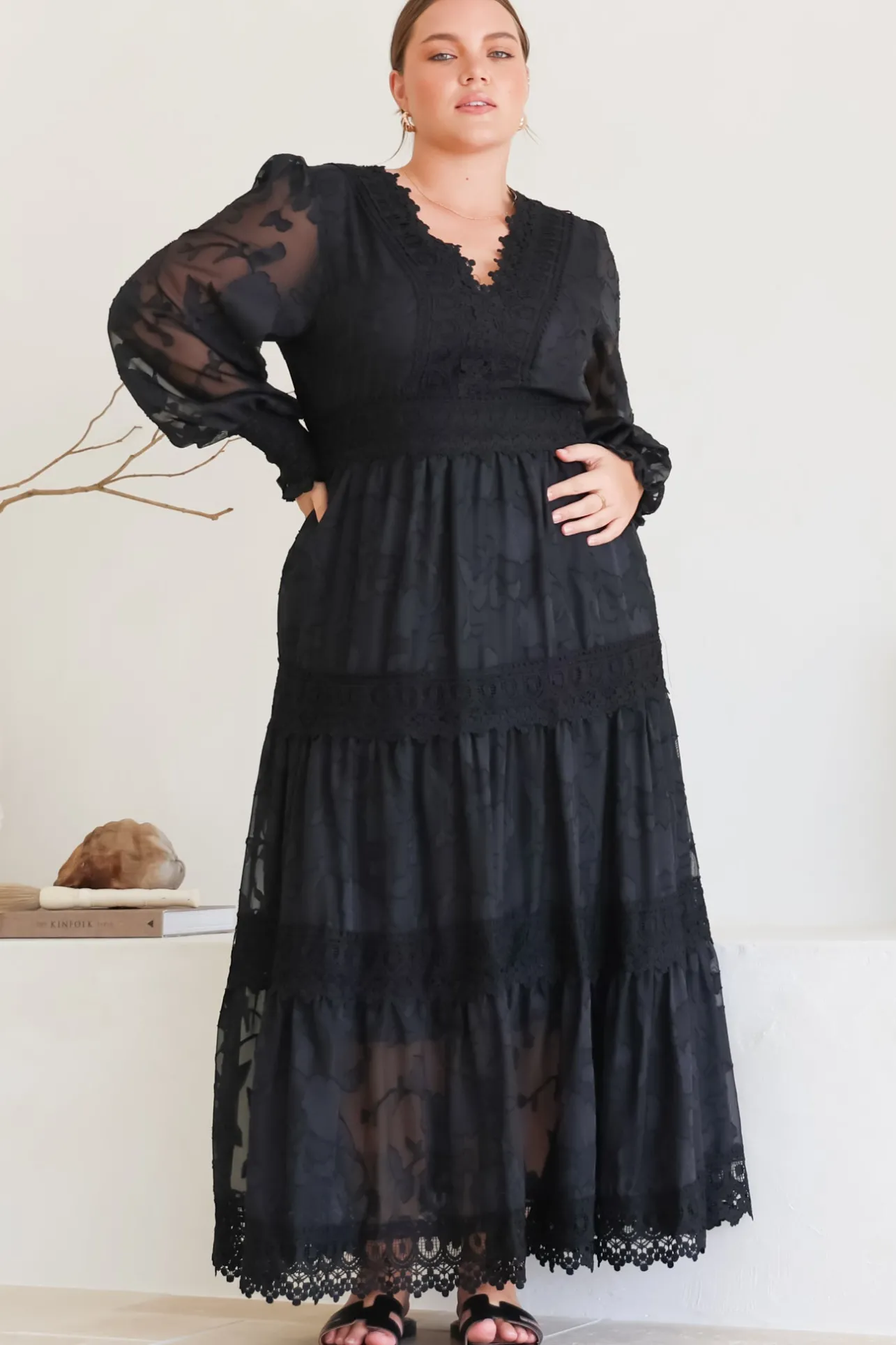 Rouge Maxi Dress - Lace Overlay Tiered Dress in Black>Salty Crush Discount