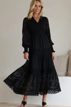 Rouge Maxi Dress - Lace Overlay Tiered Dress in Black><noscript><img width=