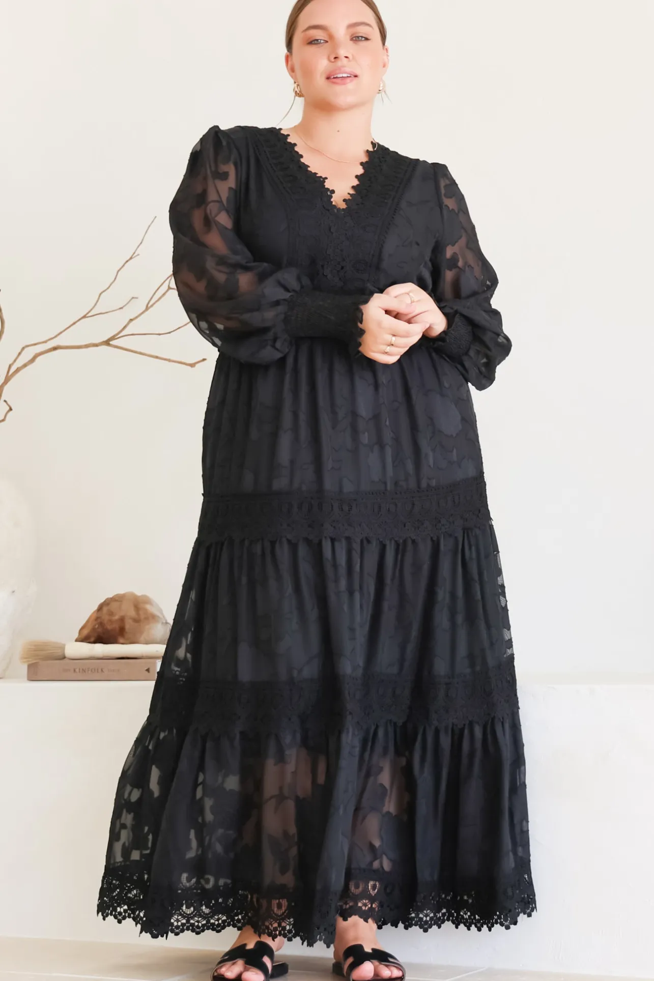 Rouge Maxi Dress - Lace Overlay Tiered Dress in Black>Salty Crush Discount