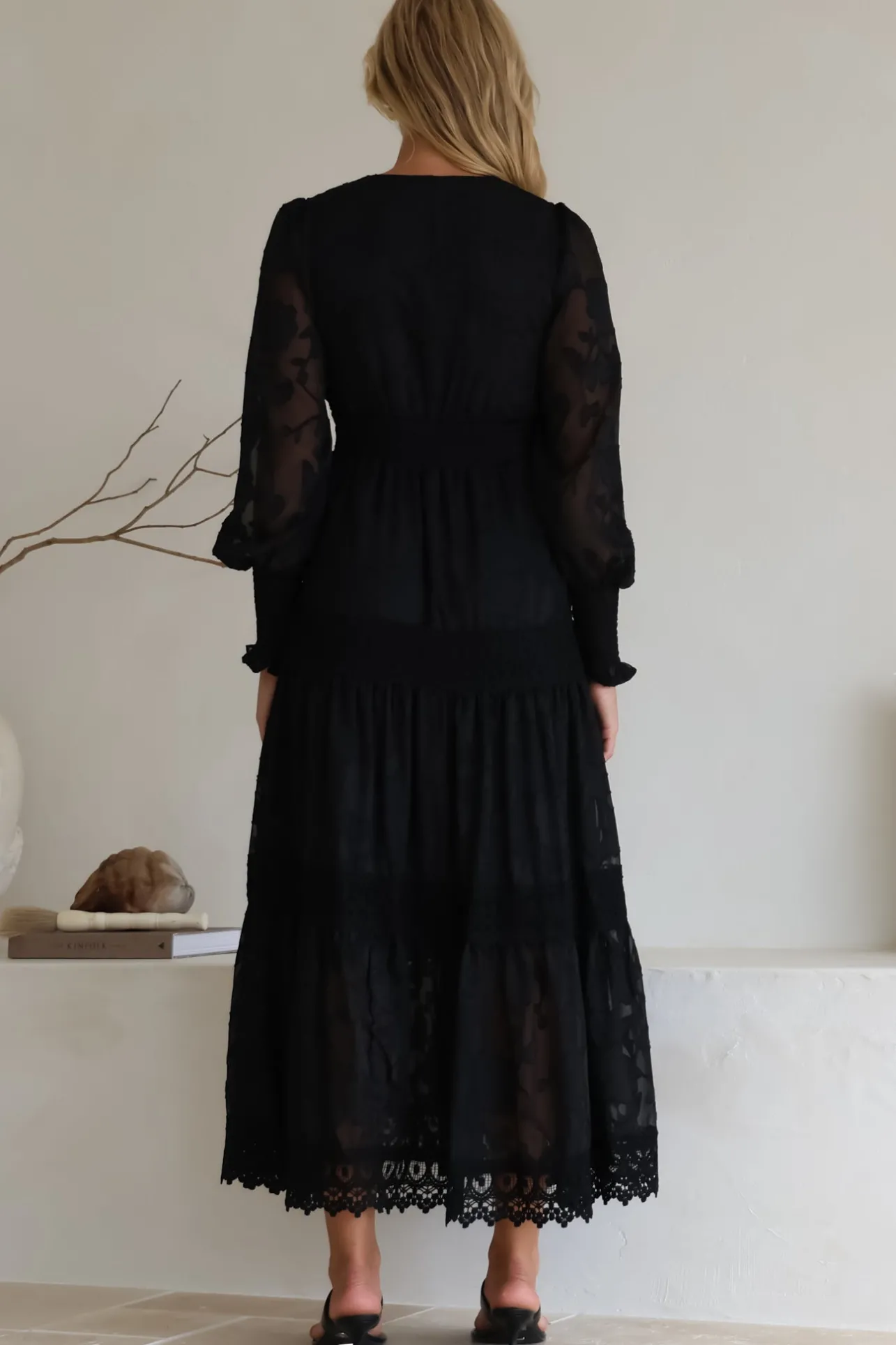 Rouge Maxi Dress - Lace Overlay Tiered Dress in Black>Salty Crush Discount