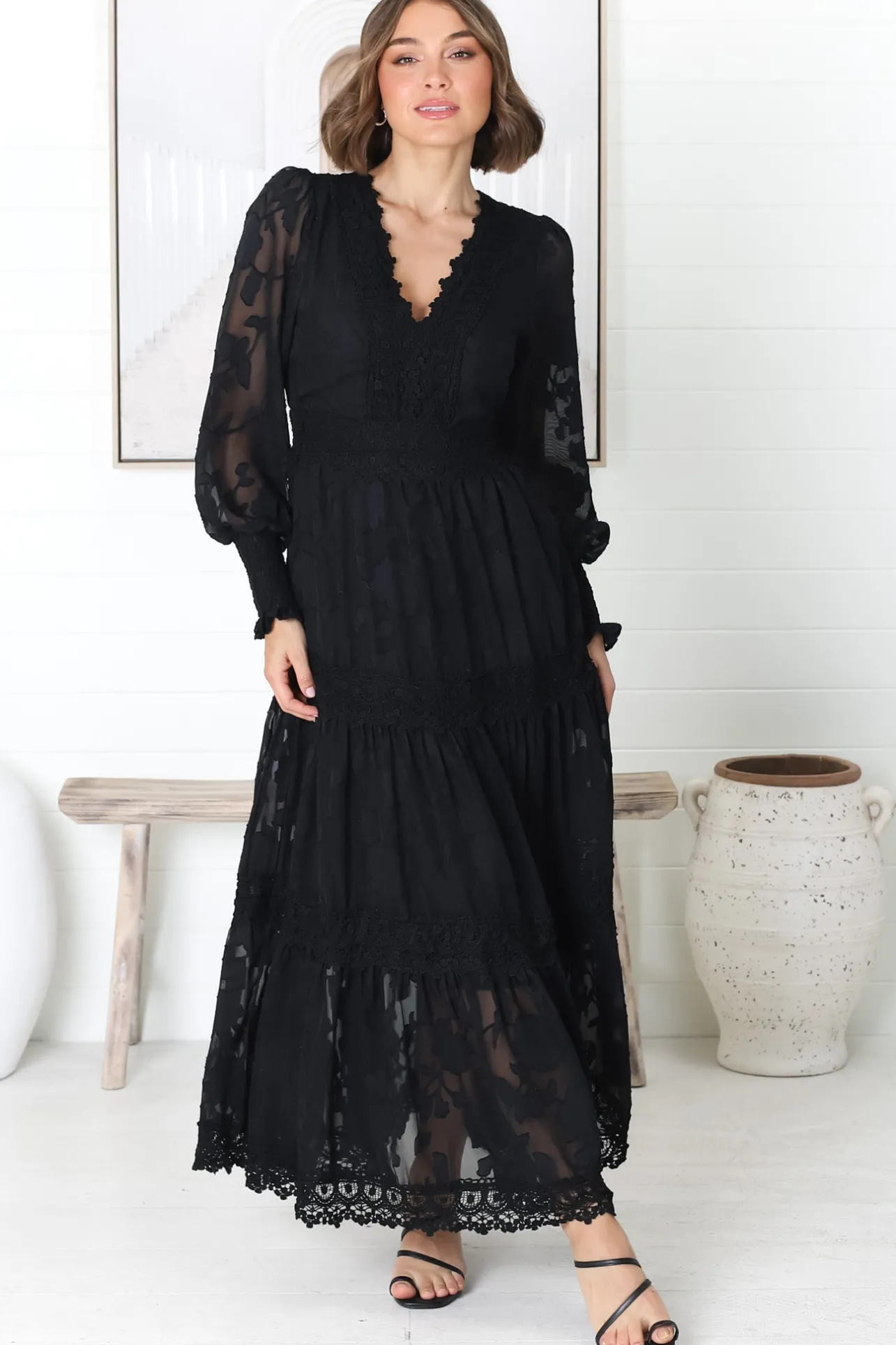 Rouge Maxi Dress - Lace Overlay Tiered Dress in Black>Salty Crush Discount