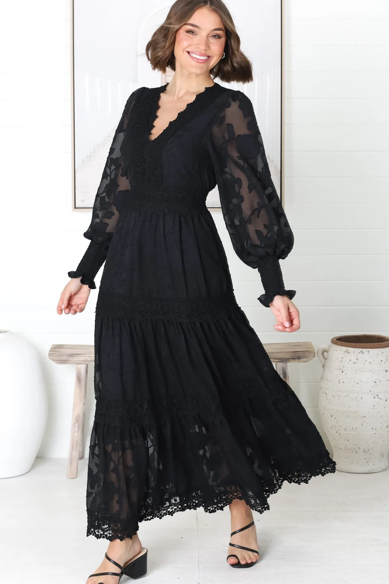Rouge Maxi Dress - Lace Overlay Tiered Dress in Black>Salty Crush Discount
