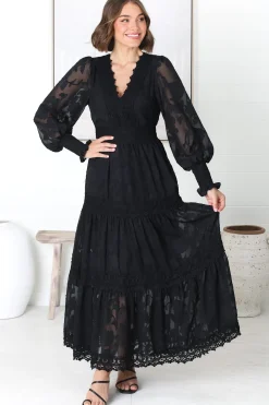 Rouge Maxi Dress - Lace Overlay Tiered Dress in Black><noscript><img width=