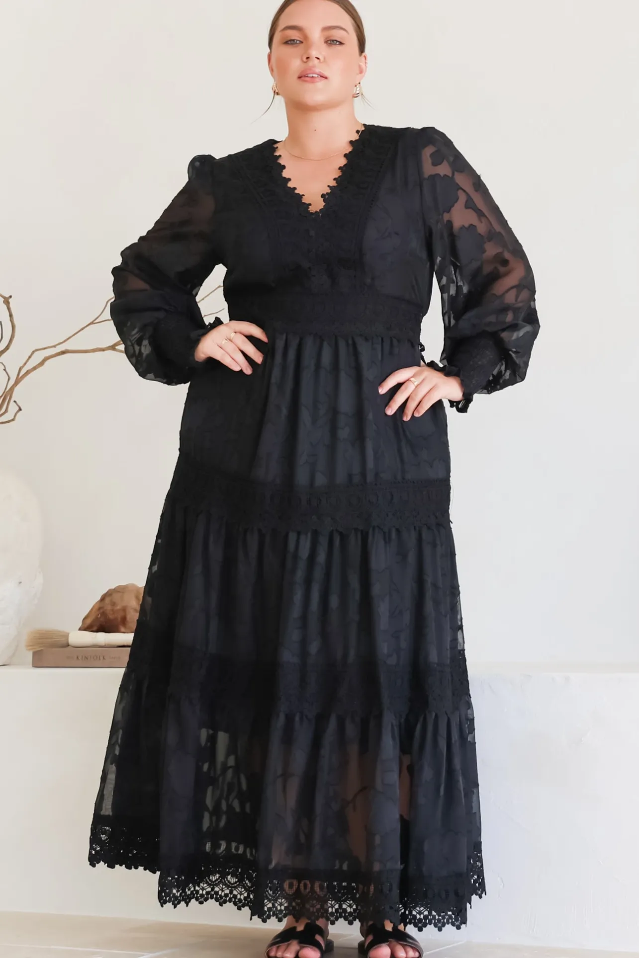 Rouge Maxi Dress - Lace Overlay Tiered Dress in Black>Salty Crush Discount