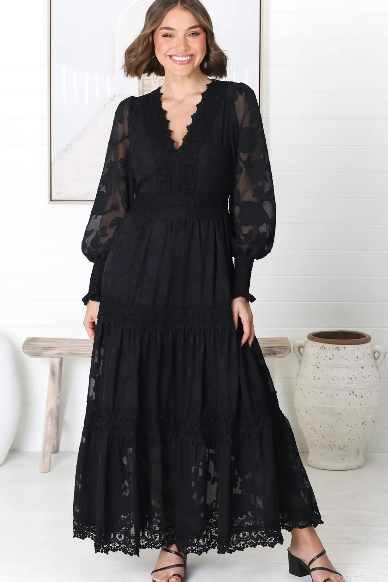 Rouge Maxi Dress - Lace Overlay Tiered Dress in Black>Salty Crush Discount
