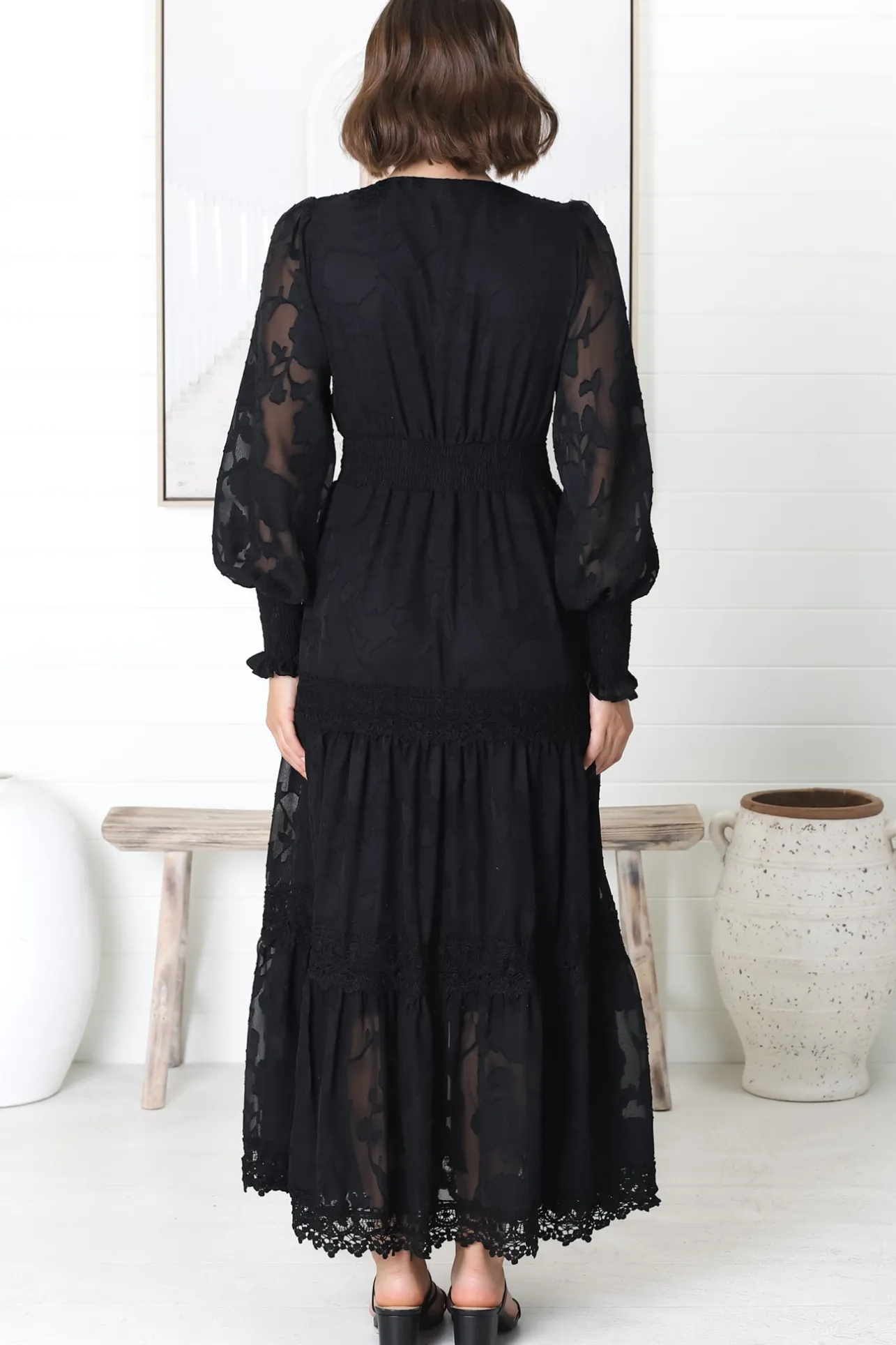 Rouge Maxi Dress - Lace Overlay Tiered Dress in Black>Salty Crush Discount