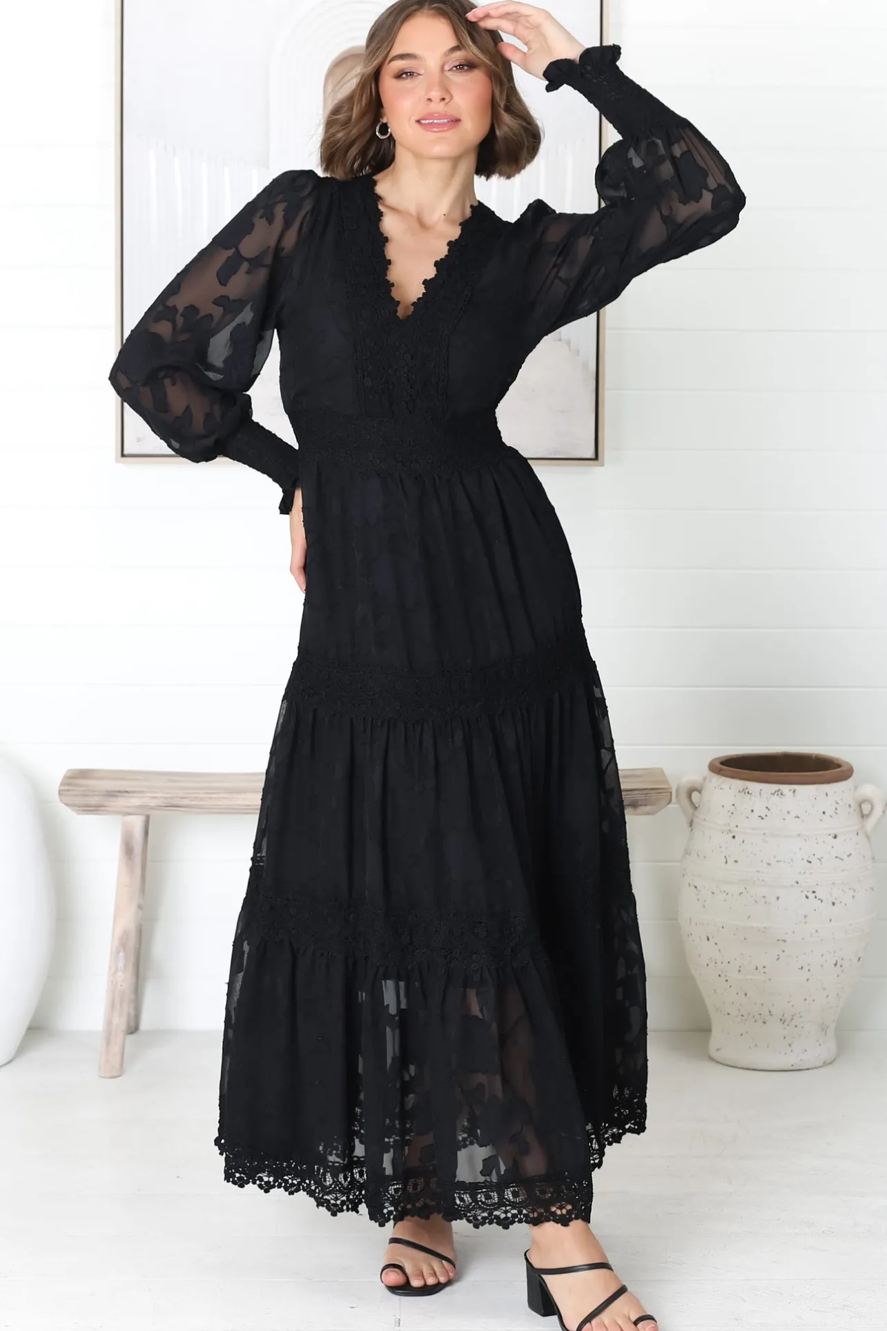 Rouge Maxi Dress - Lace Overlay Tiered Dress in Black>Salty Crush Discount