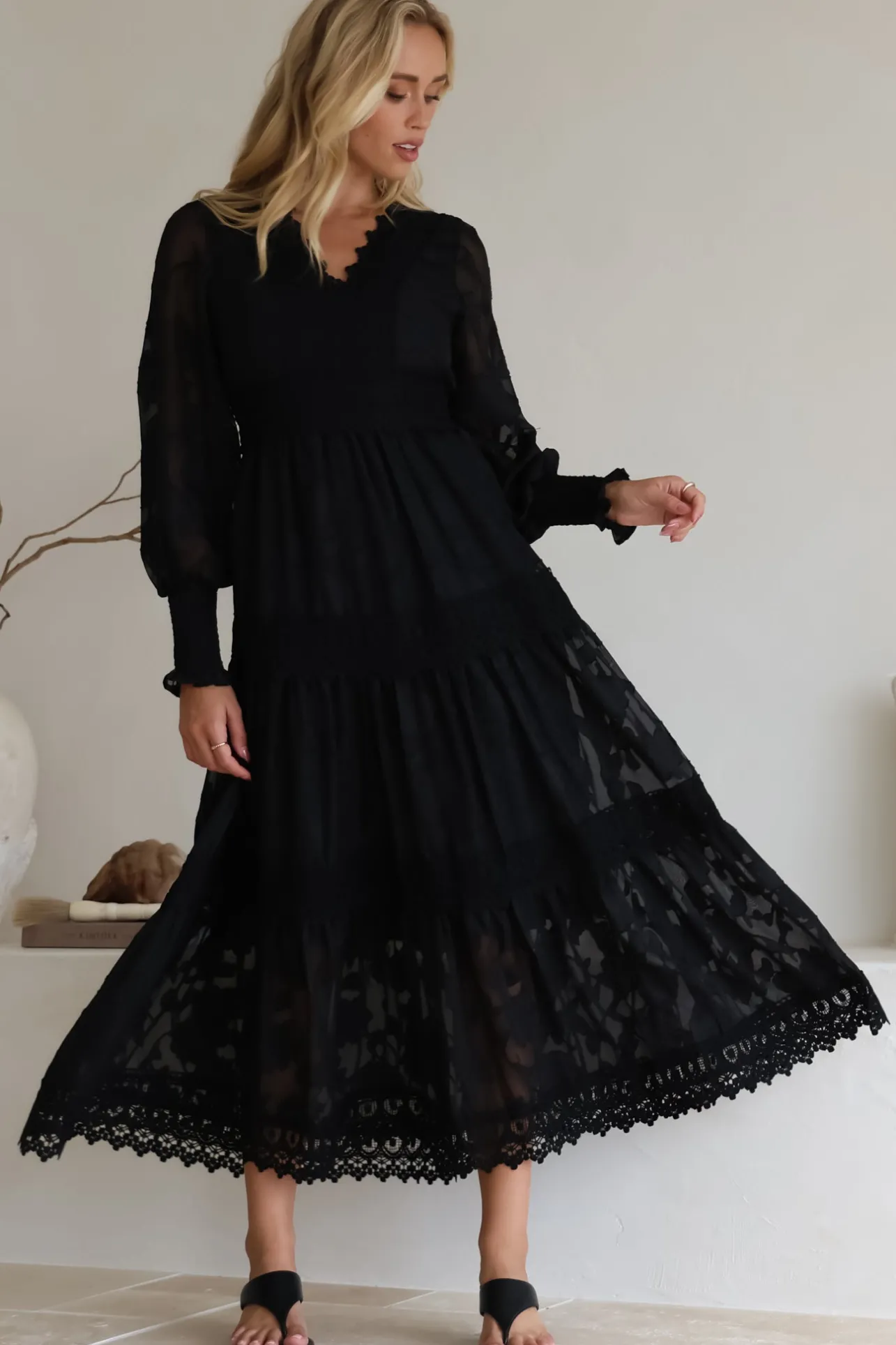 Rouge Maxi Dress - Lace Overlay Tiered Dress in Black>Salty Crush Discount