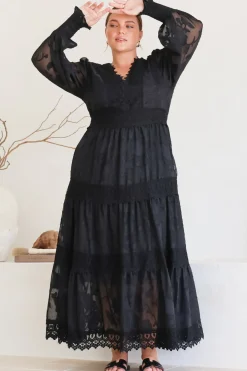 Rouge Maxi Dress - Lace Overlay Tiered Dress in Black><noscript><img width=