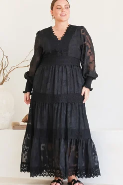 Rouge Maxi Dress - Lace Overlay Tiered Dress in Black><noscript><img width=