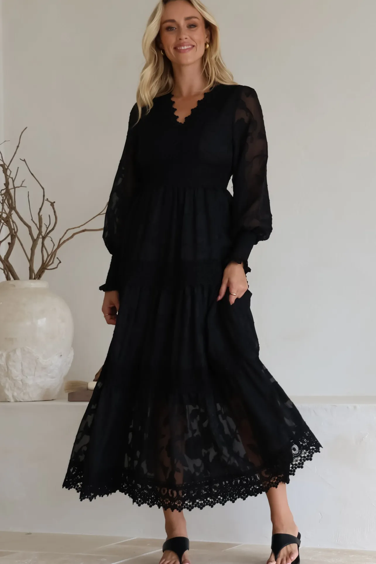 Rouge Maxi Dress - Lace Overlay Tiered Dress in Black>Salty Crush Discount
