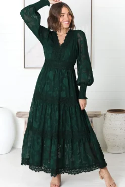 Rouge Maxi Dress - Lace Overlay Tiered Dress in Emerald>Salty Crush Best