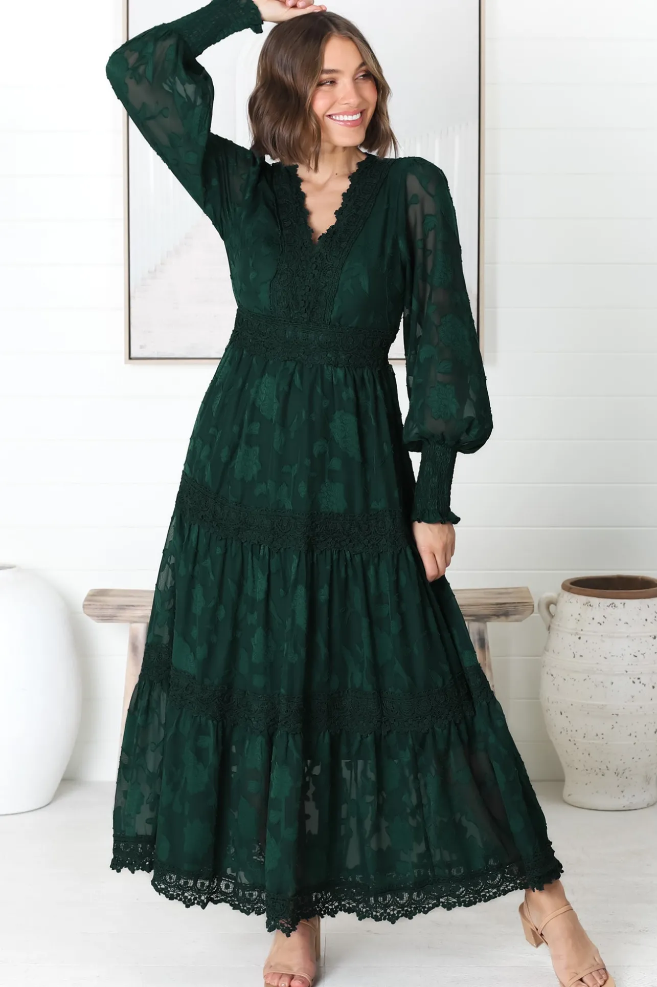 Rouge Maxi Dress - Lace Overlay Tiered Dress in Emerald>Salty Crush Best