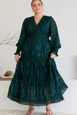 Rouge Maxi Dress - Lace Overlay Tiered Dress in Emerald>Salty Crush Best
