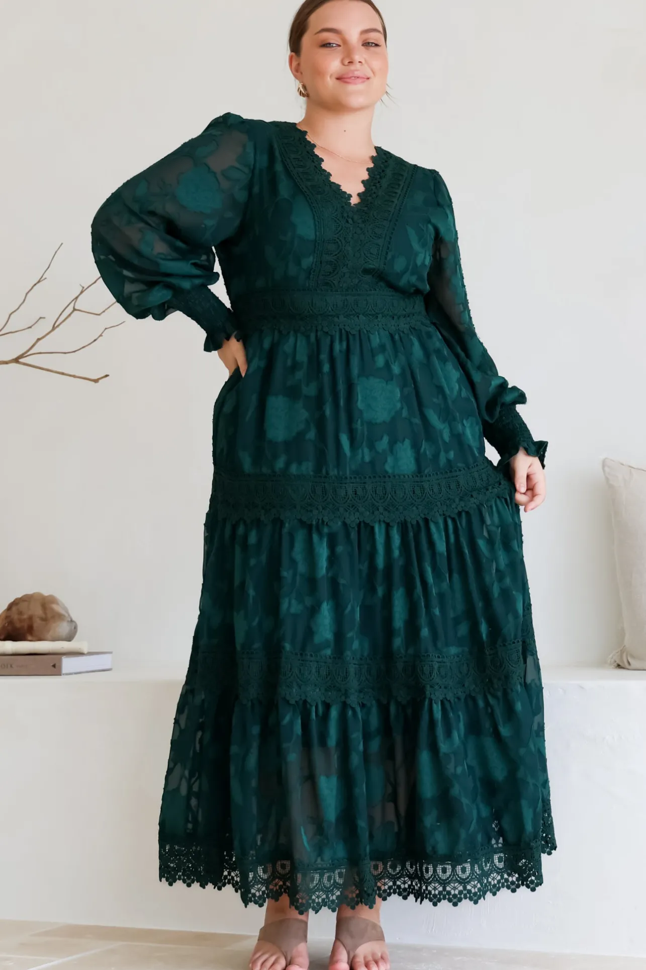 Rouge Maxi Dress - Lace Overlay Tiered Dress in Emerald>Salty Crush Best