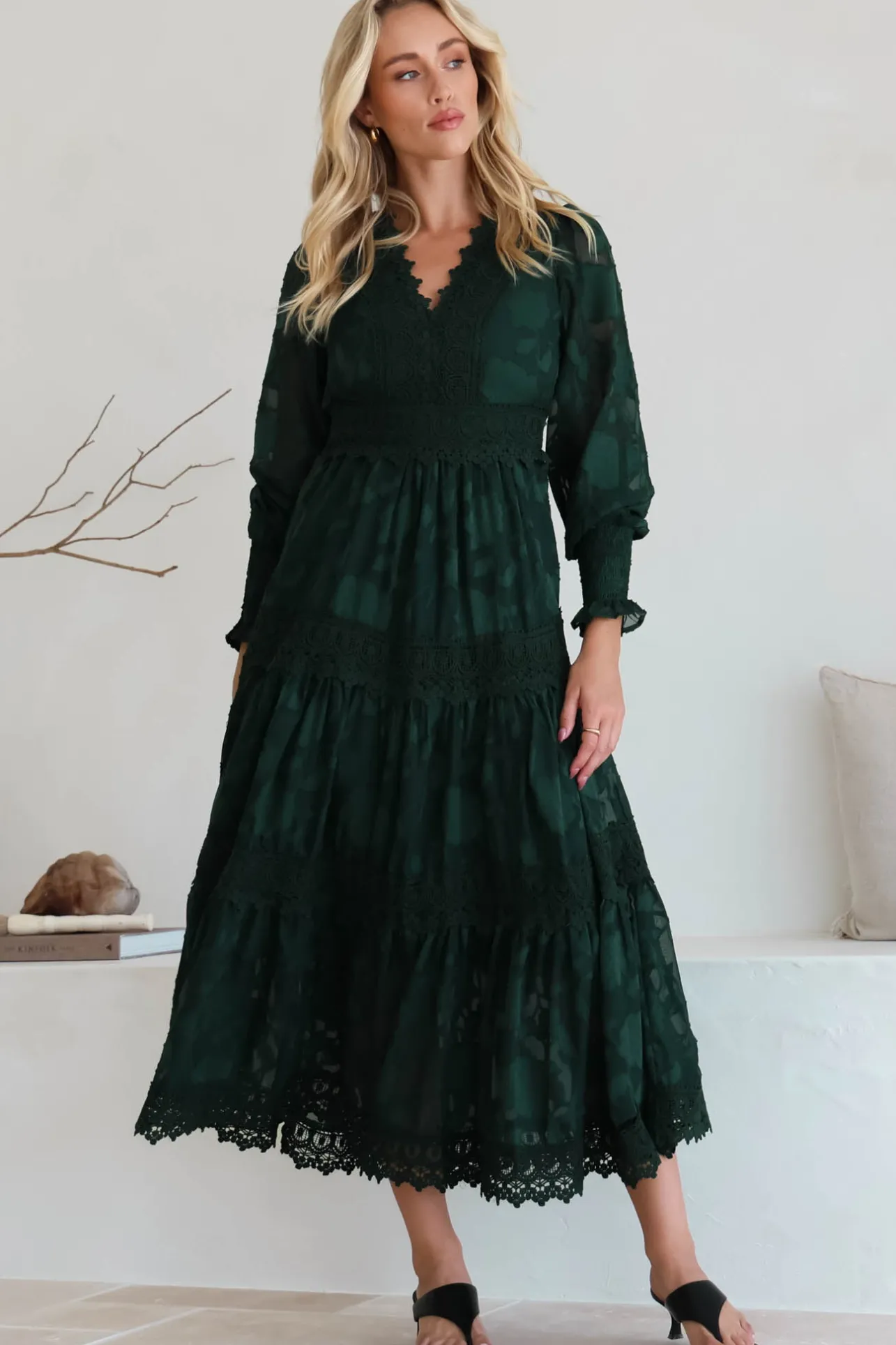 Rouge Maxi Dress - Lace Overlay Tiered Dress in Emerald>Salty Crush Best