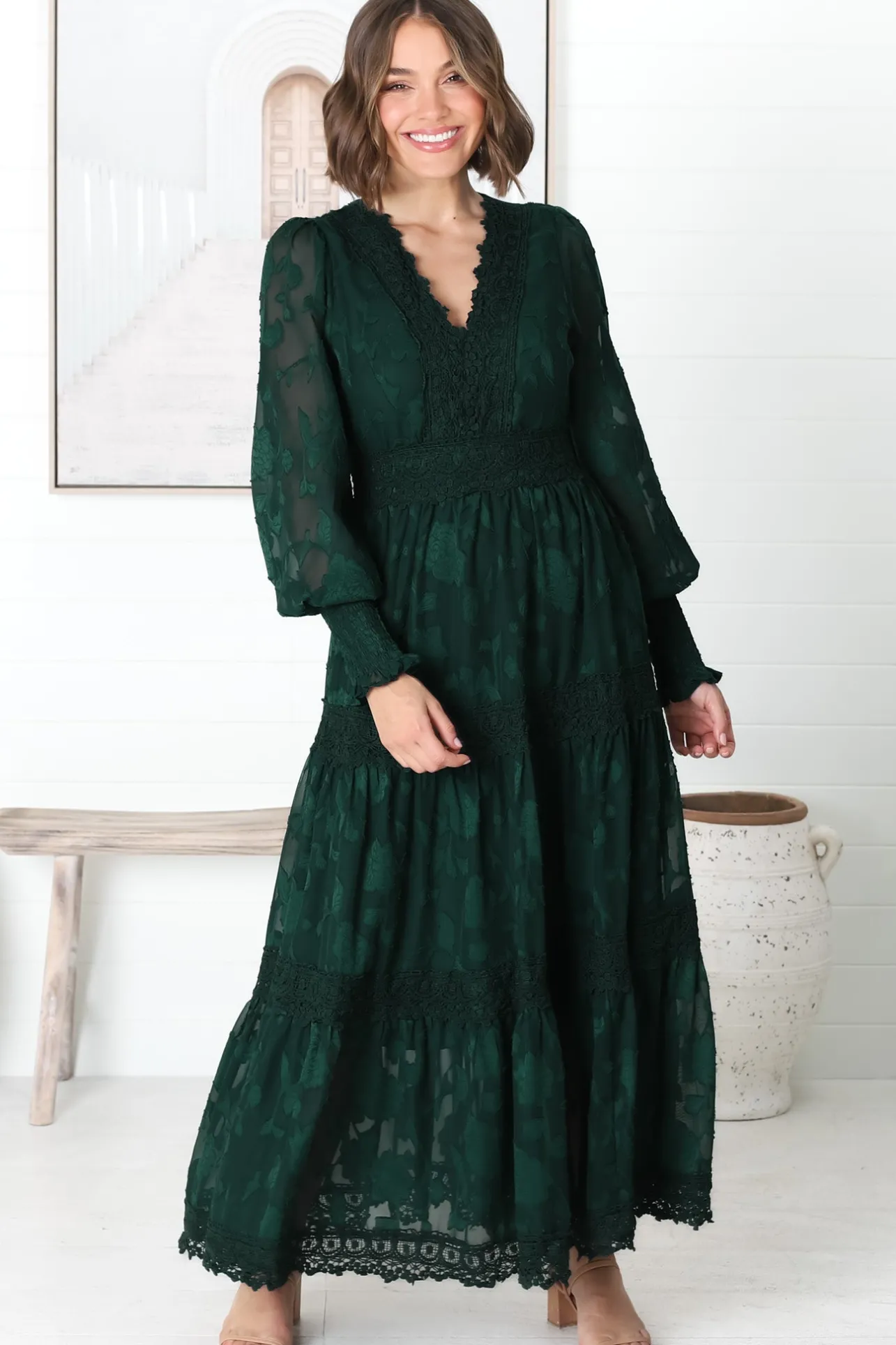 Rouge Maxi Dress - Lace Overlay Tiered Dress in Emerald>Salty Crush Best