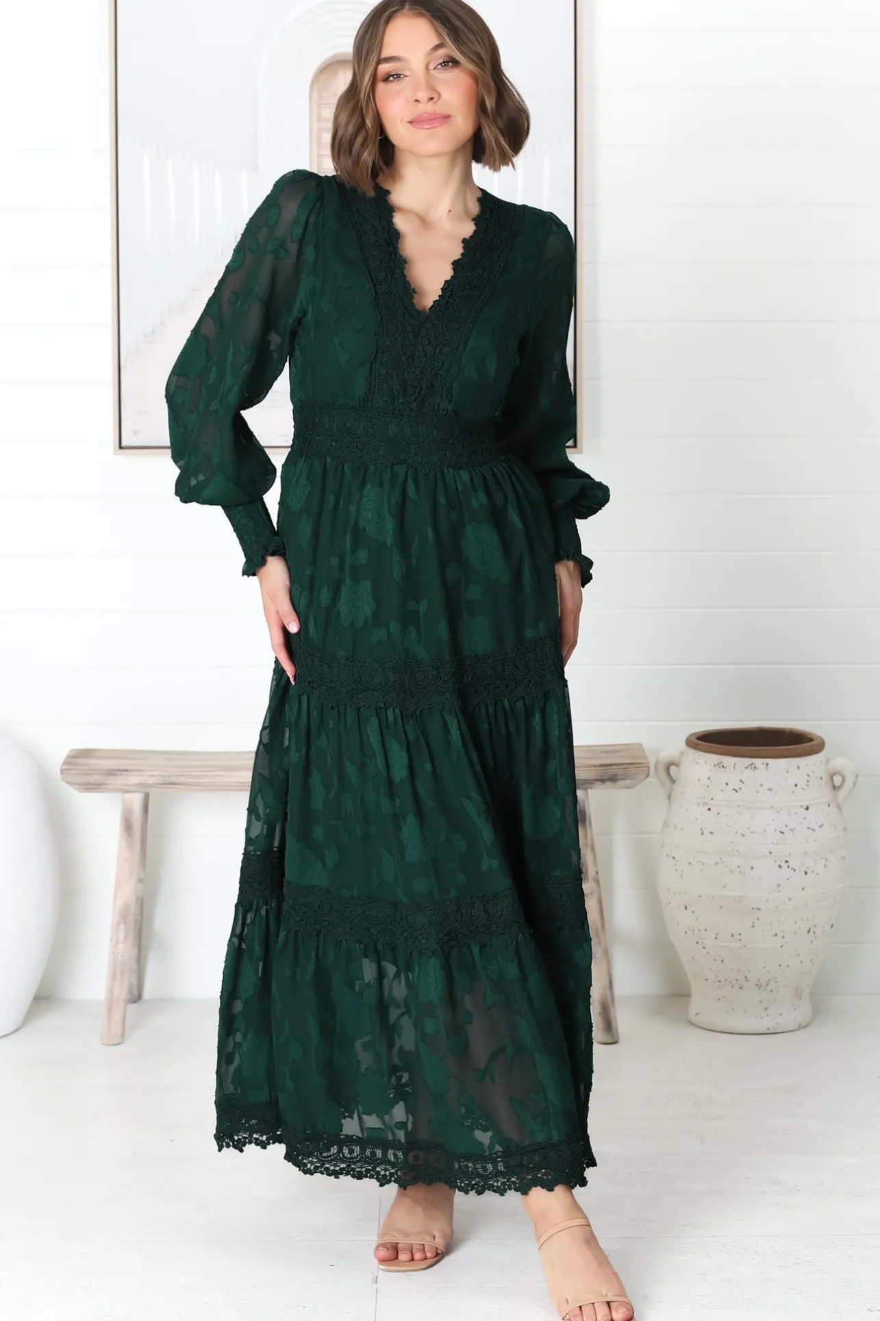 Rouge Maxi Dress - Lace Overlay Tiered Dress in Emerald>Salty Crush Best