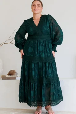 Rouge Maxi Dress - Lace Overlay Tiered Dress in Emerald><noscript><img width=