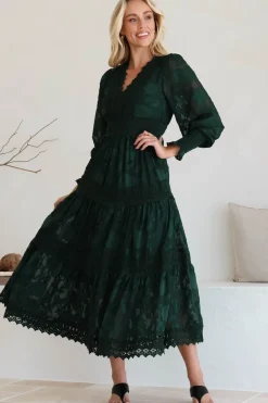 Rouge Maxi Dress - Lace Overlay Tiered Dress in Emerald><noscript><img width=