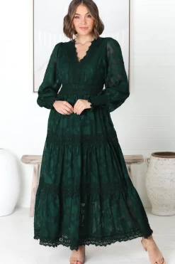 Rouge Maxi Dress - Lace Overlay Tiered Dress in Emerald><noscript><img width=