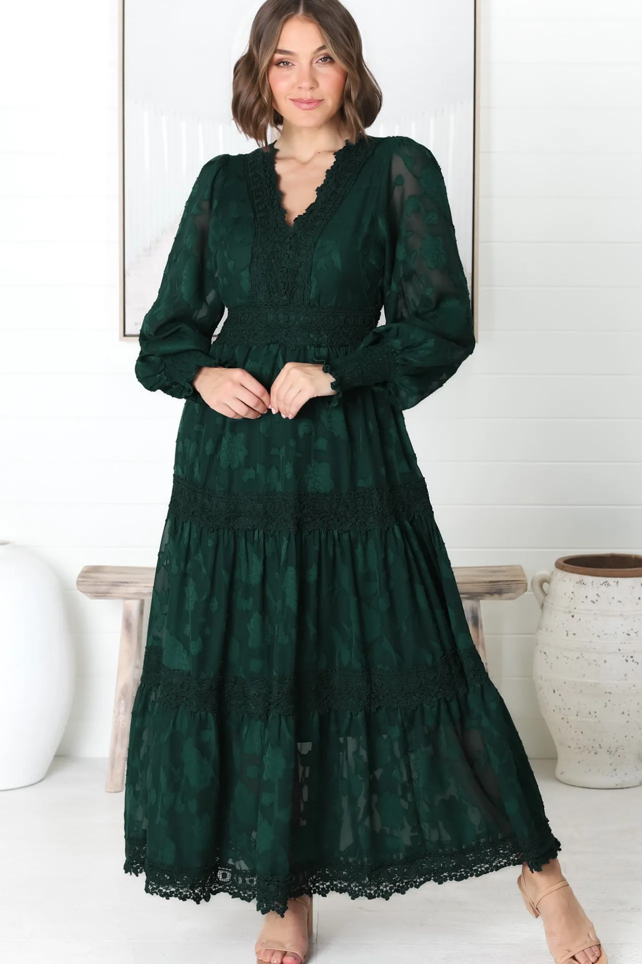 Rouge Maxi Dress - Lace Overlay Tiered Dress in Emerald>Salty Crush Best
