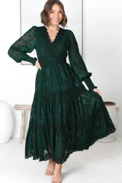 Rouge Maxi Dress - Lace Overlay Tiered Dress in Emerald><noscript><img width=
