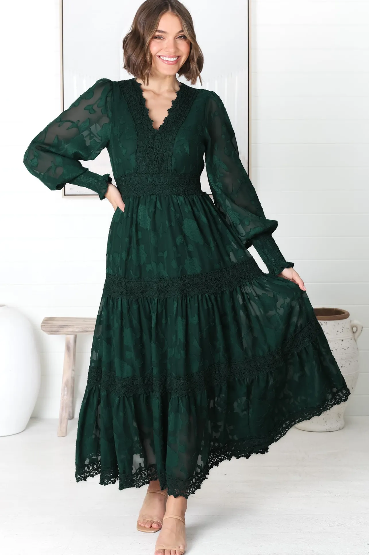 Rouge Maxi Dress - Lace Overlay Tiered Dress in Emerald>Salty Crush Best