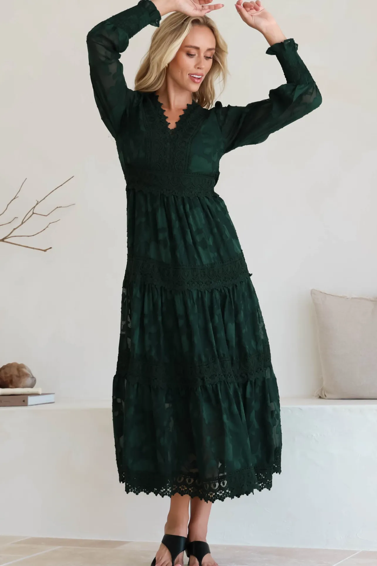 Rouge Maxi Dress - Lace Overlay Tiered Dress in Emerald>Salty Crush Best
