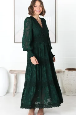 Rouge Maxi Dress - Lace Overlay Tiered Dress in Emerald><noscript><img width=