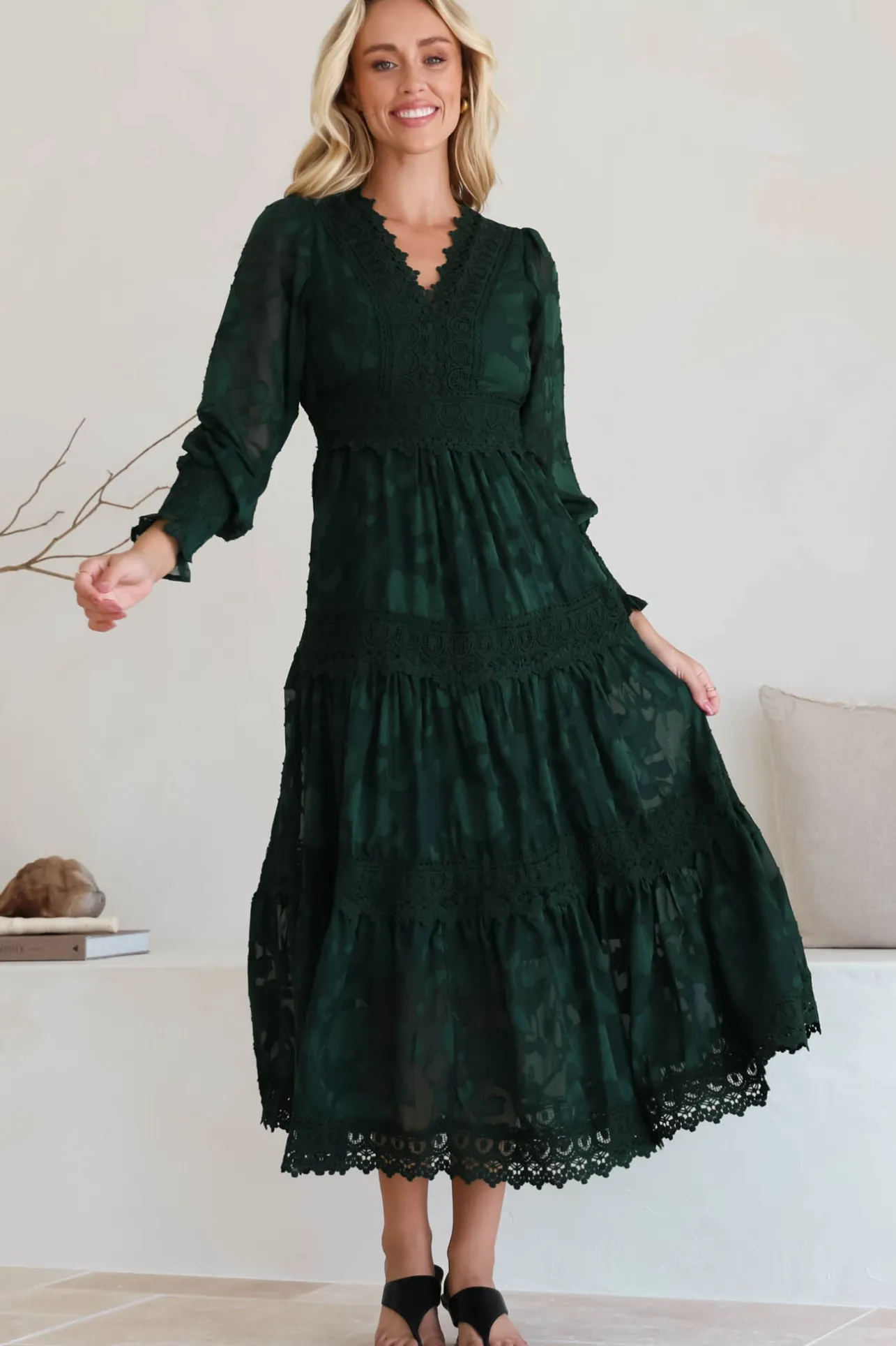 Rouge Maxi Dress - Lace Overlay Tiered Dress in Emerald>Salty Crush Best