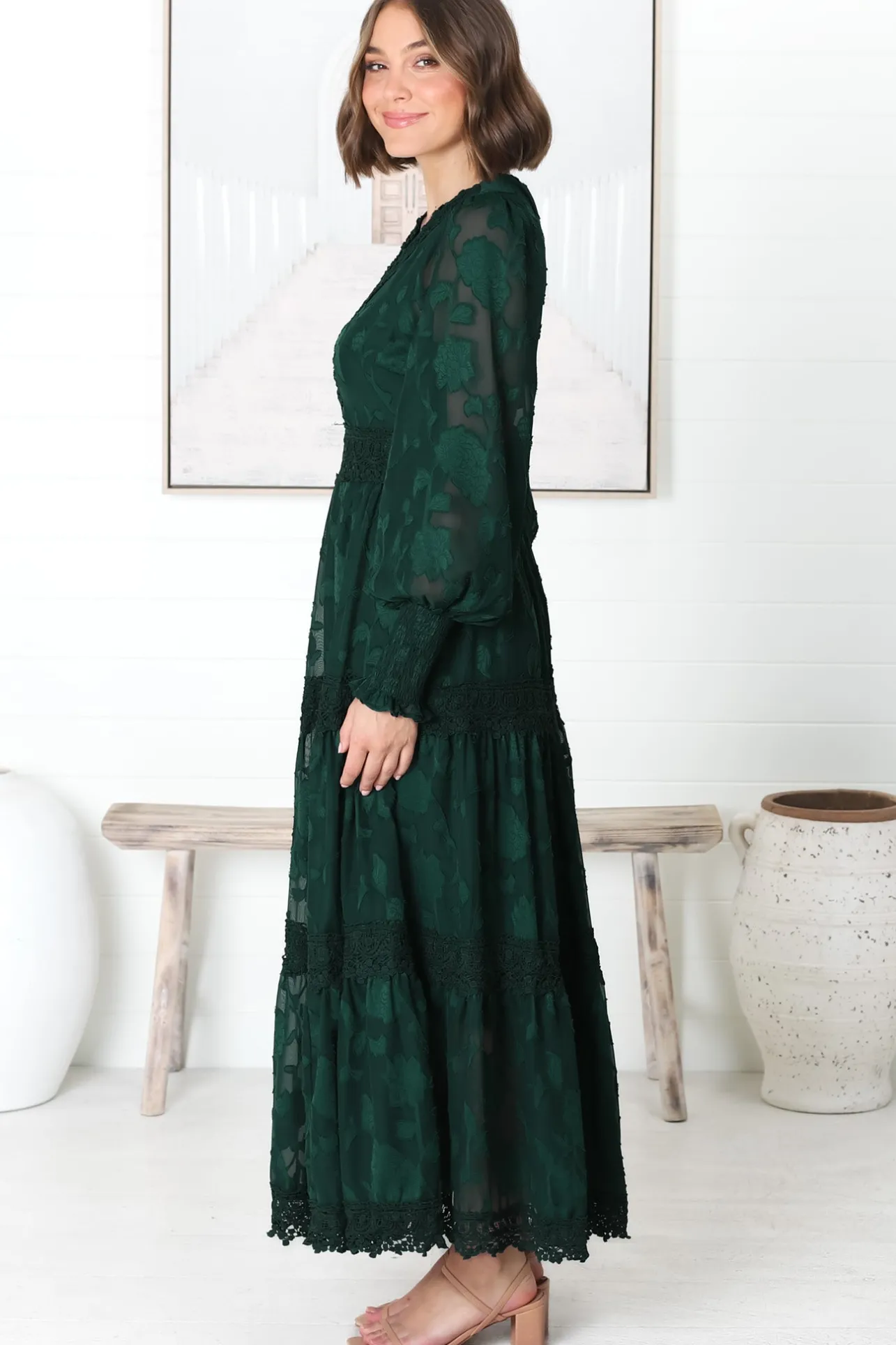 Rouge Maxi Dress - Lace Overlay Tiered Dress in Emerald>Salty Crush Best