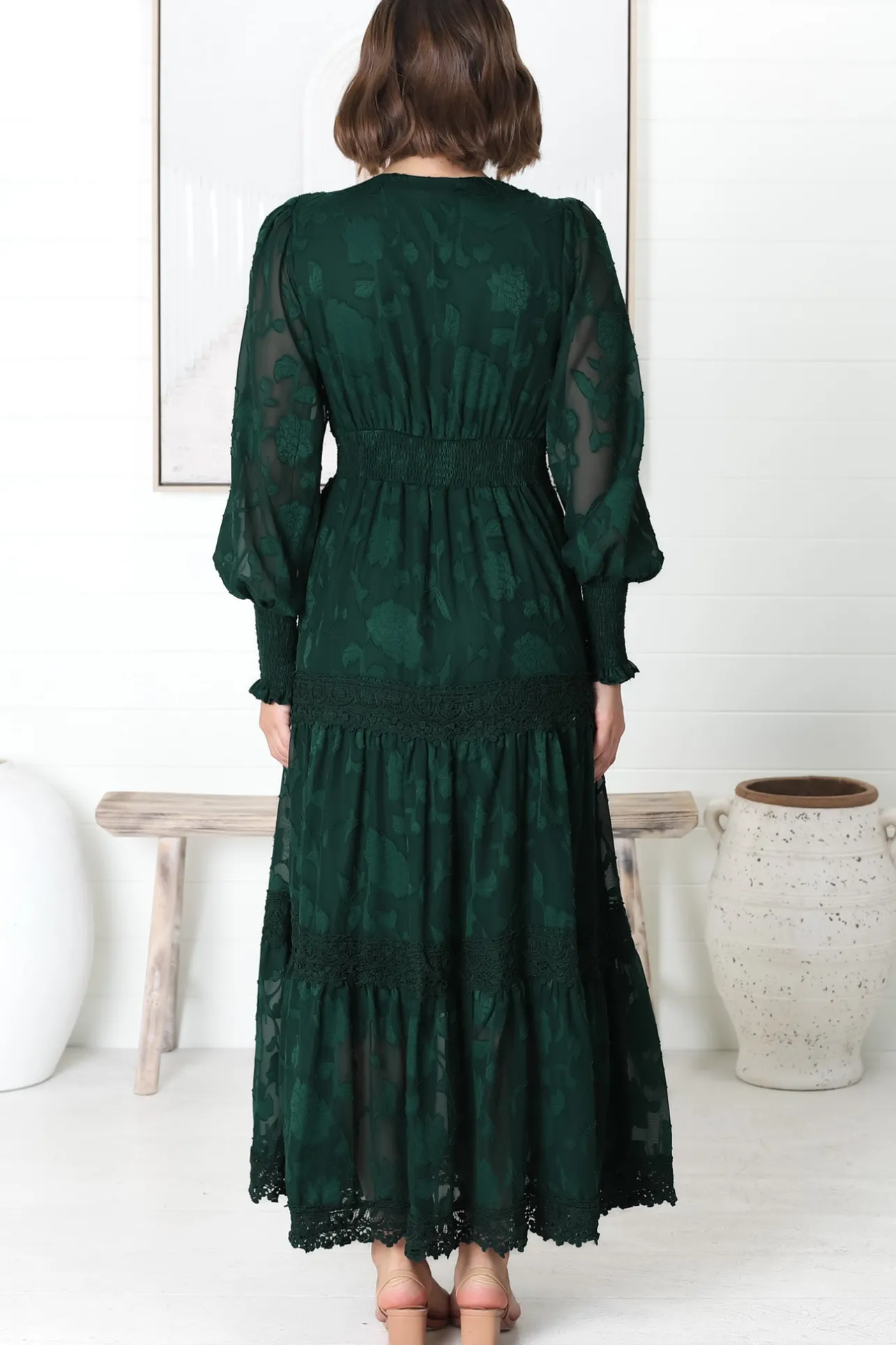 Rouge Maxi Dress - Lace Overlay Tiered Dress in Emerald>Salty Crush Best