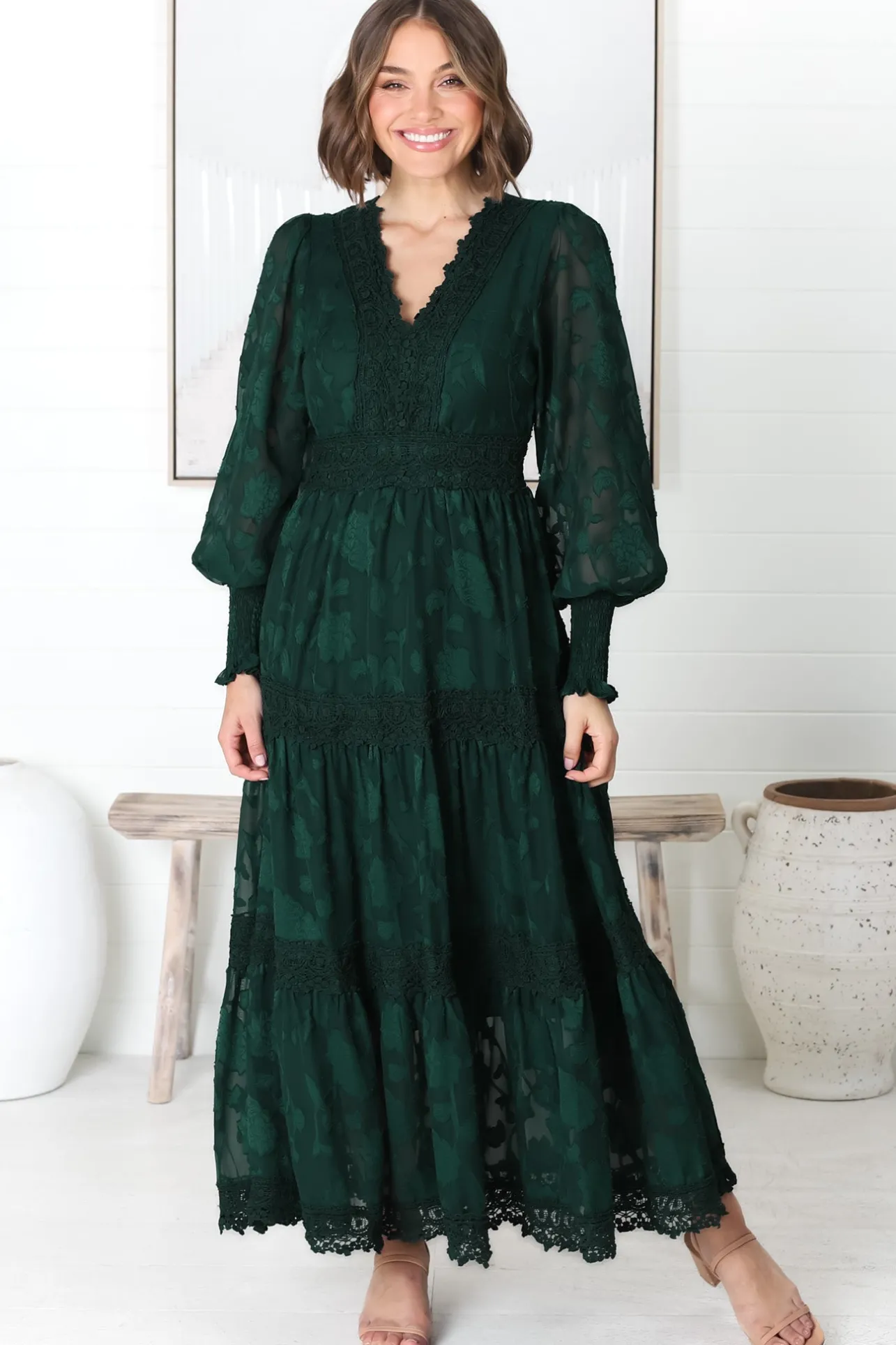 Rouge Maxi Dress - Lace Overlay Tiered Dress in Emerald>Salty Crush Best