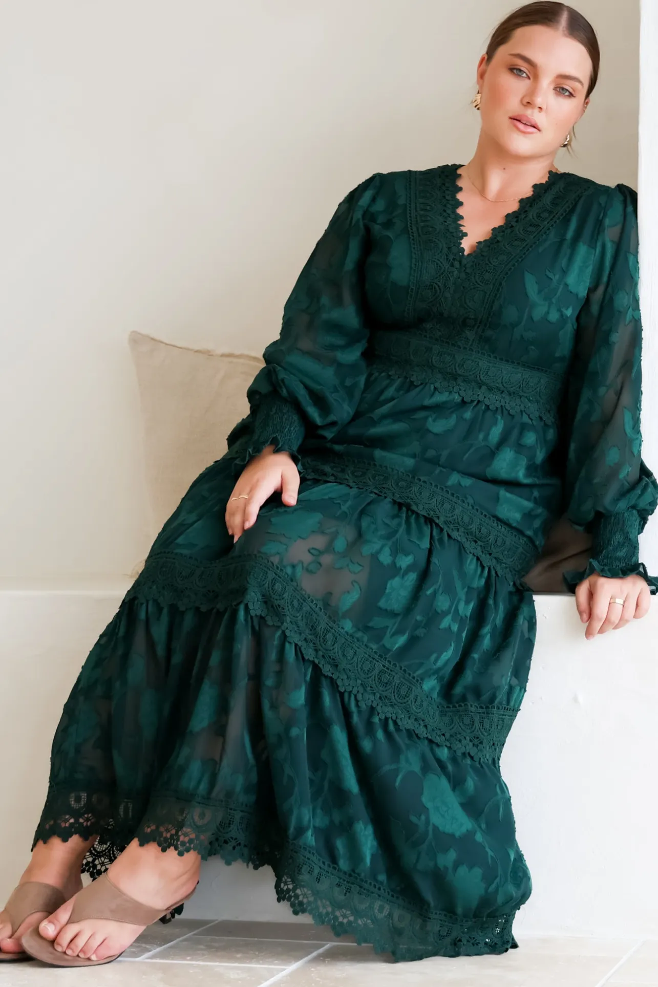 Rouge Maxi Dress - Lace Overlay Tiered Dress in Emerald>Salty Crush Best