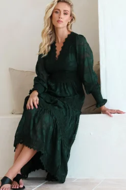 Rouge Maxi Dress - Lace Overlay Tiered Dress in Emerald><noscript><img width=