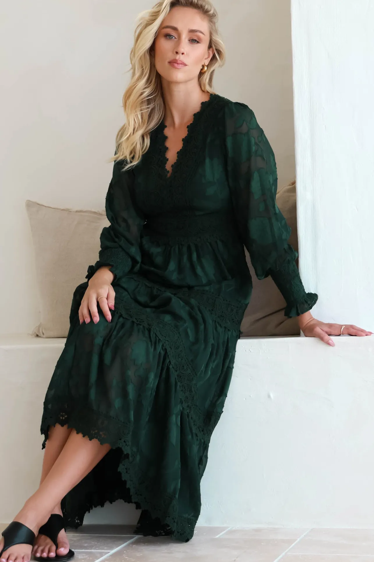Rouge Maxi Dress - Lace Overlay Tiered Dress in Emerald>Salty Crush Best