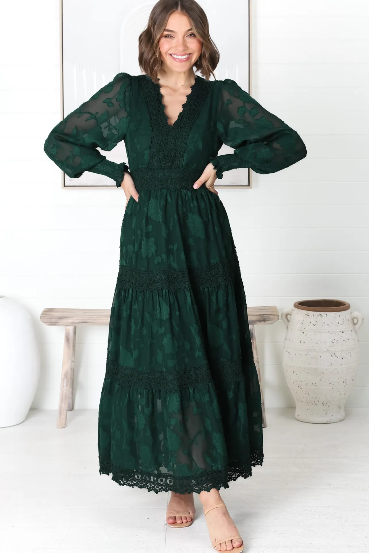 Rouge Maxi Dress - Lace Overlay Tiered Dress in Emerald>Salty Crush Best