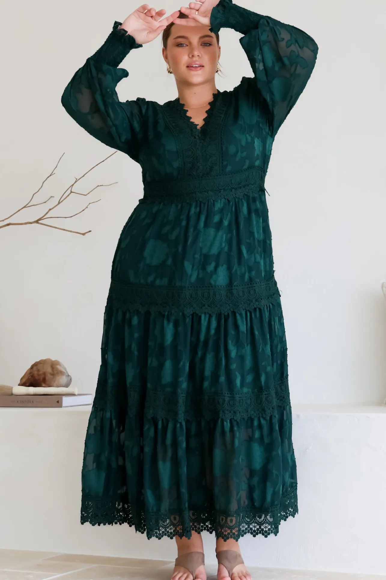 Rouge Maxi Dress - Lace Overlay Tiered Dress in Emerald>Salty Crush Best