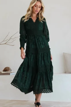 Rouge Maxi Dress - Lace Overlay Tiered Dress in Emerald><noscript><img width=