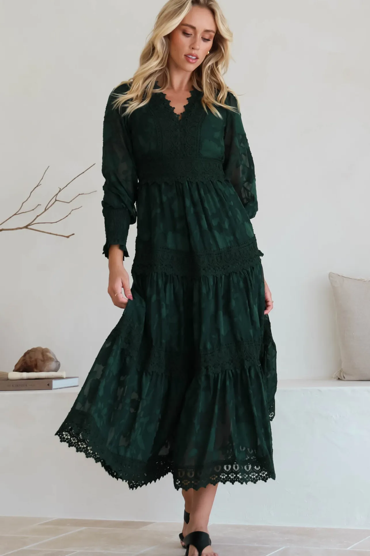 Rouge Maxi Dress - Lace Overlay Tiered Dress in Emerald>Salty Crush Best