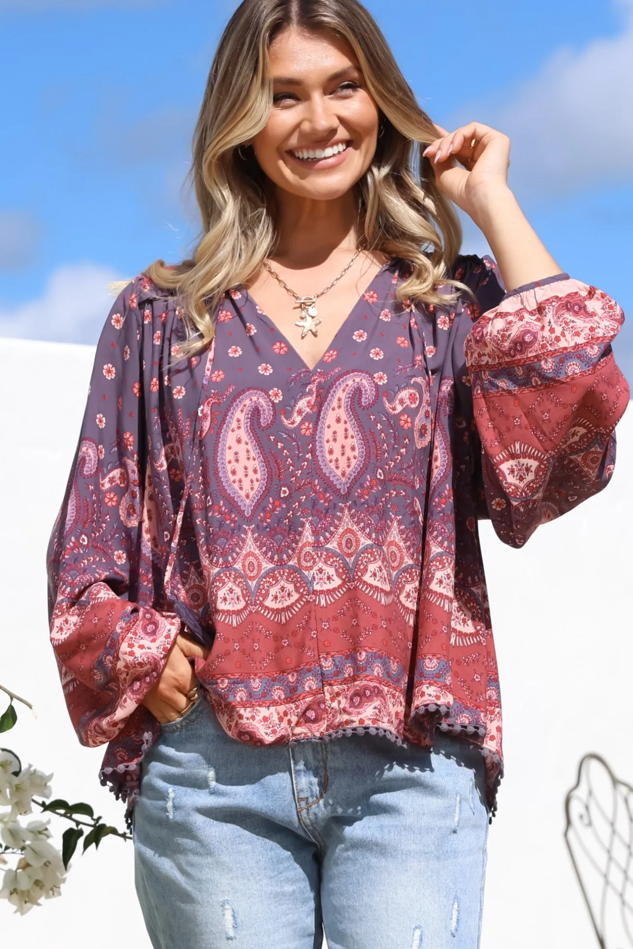 Rue Top - V Neck Smock Top with Crochet Trim in Dancing Daisy Print>Jaase Discount