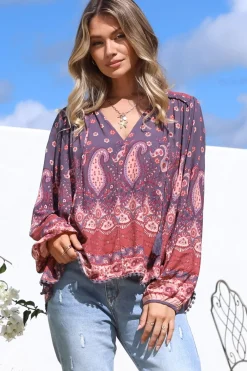 Rue Top - V Neck Smock Top with Crochet Trim in Dancing Daisy Print><noscript><img width=