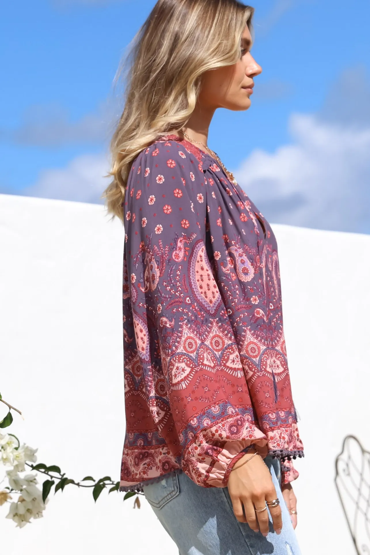Rue Top - V Neck Smock Top with Crochet Trim in Dancing Daisy Print>Jaase Discount