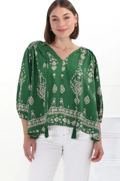 Rue Top - V Neck Smock Top with Crochet Trim in Kiva Print><noscript><img width=