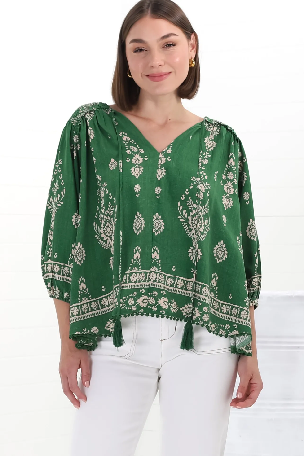 Rue Top - V Neck Smock Top with Crochet Trim in Kiva Print>Jaase