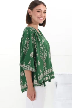 Rue Top - V Neck Smock Top with Crochet Trim in Kiva Print><noscript><img width=