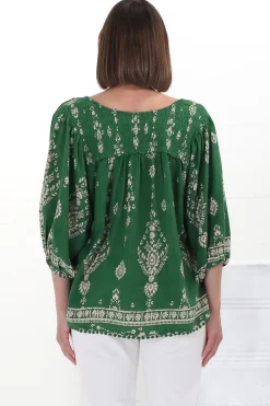 Rue Top - V Neck Smock Top with Crochet Trim in Kiva Print><noscript><img width=