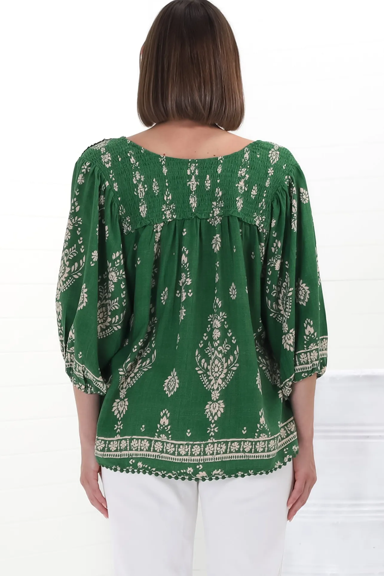 Rue Top - V Neck Smock Top with Crochet Trim in Kiva Print>Jaase
